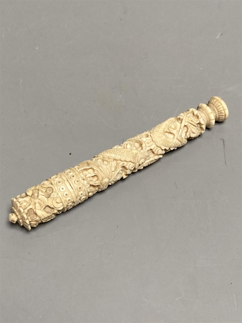 A 19th century Chinese carved ivory needle case, a damaged netsuke and a small cloisonne box